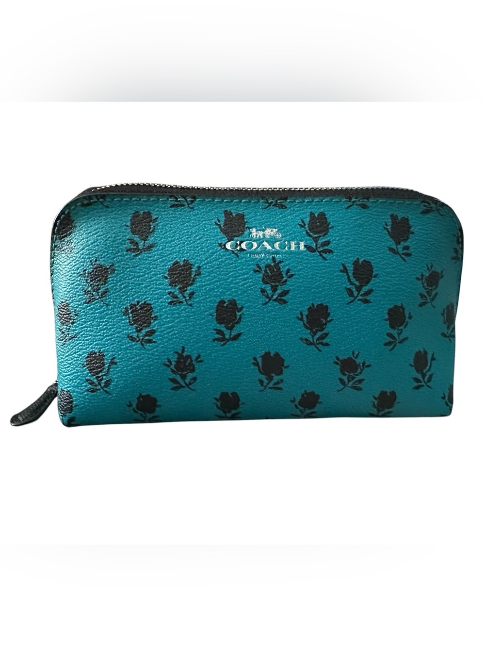 Coach Badlands Black Floral Print Cosmetic Bag – Turquoise/Teal Blue F56724 NWOT